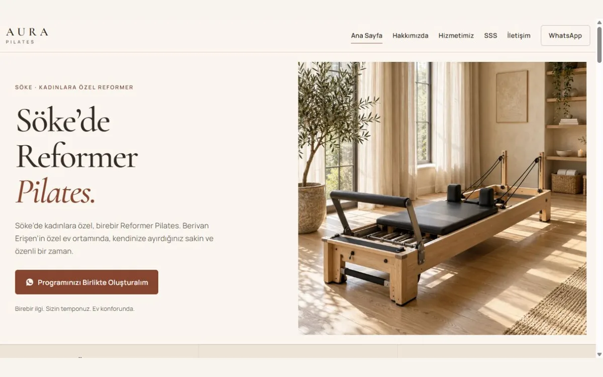 AURA Pilates web sitesinin Söke’de Reformer Pilates başlıklı ana sayfası